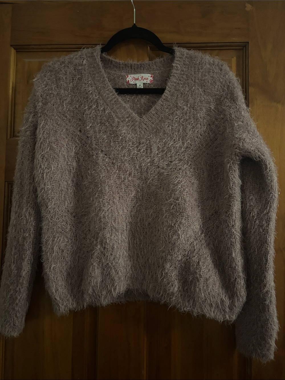Pink Rose Mauve-Taupe Fuzzy V-Neck Sweater